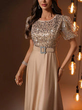 Round Neck Sequined Corset Contrast Satin Hem Gown Elegant Puff Sleeves Prom Evening Wedding Guest Dress For Graduation Ceremony, Dinner